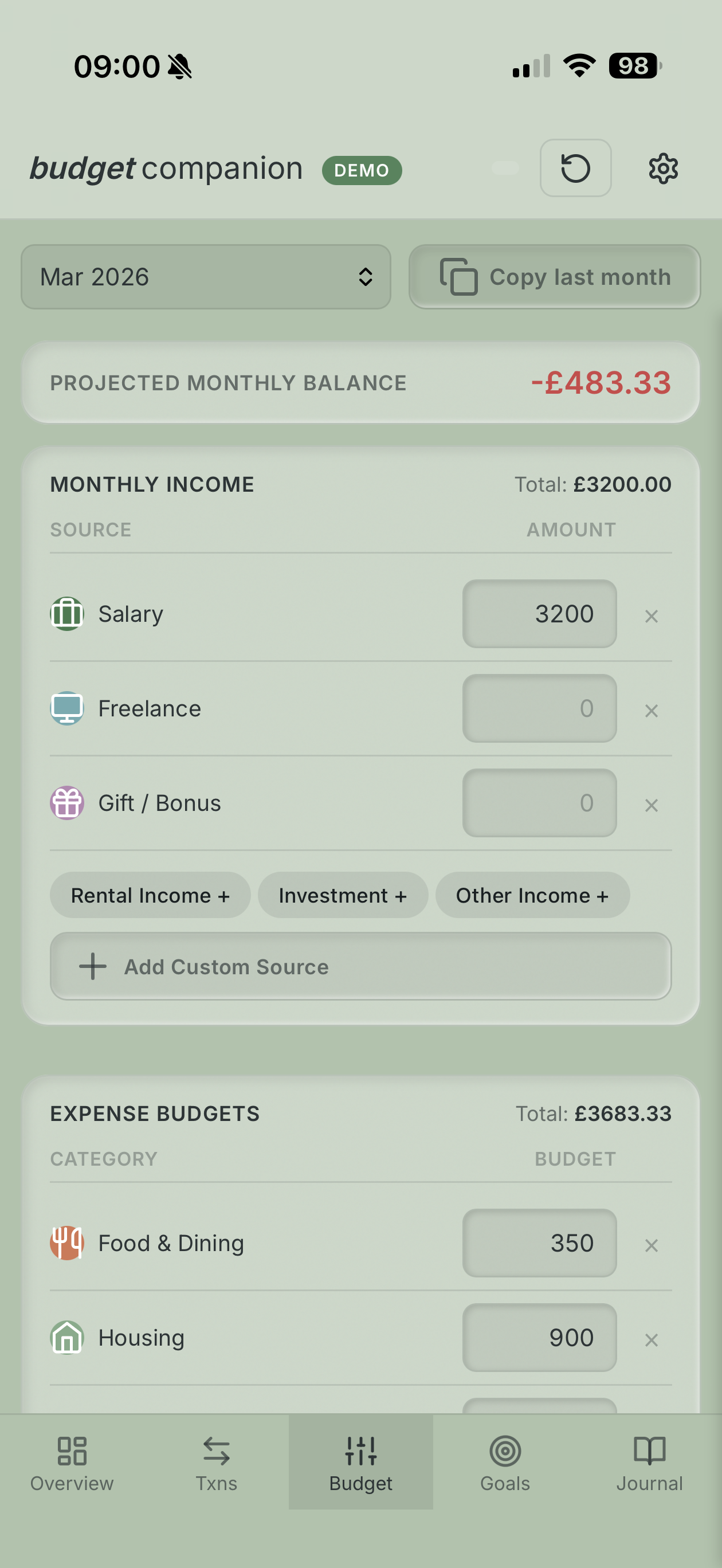 Budget breakdown on mobile
