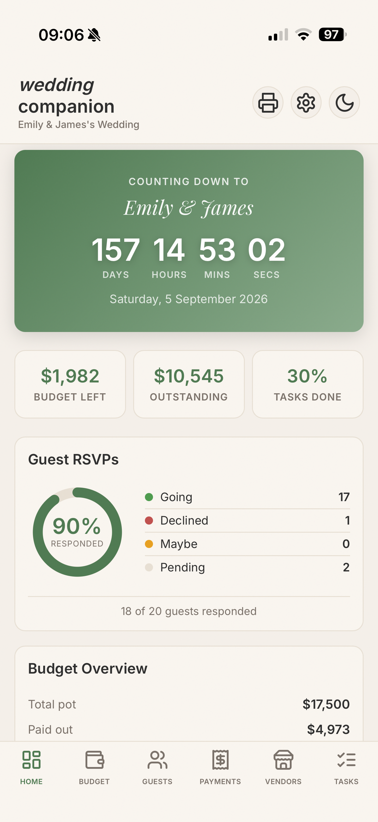Wedding Companion overview screen