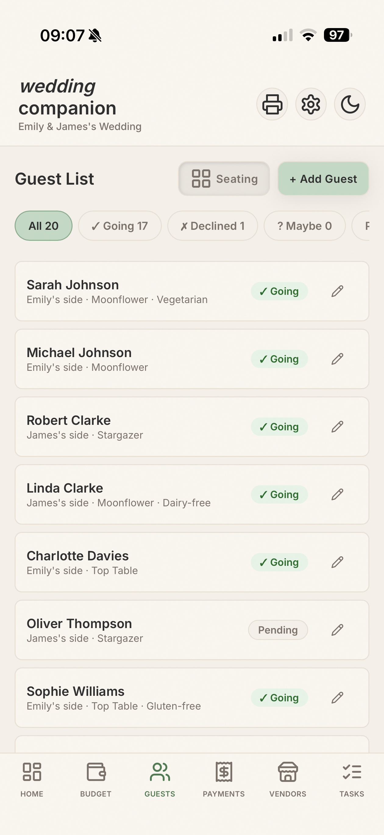 Guest list on mobile